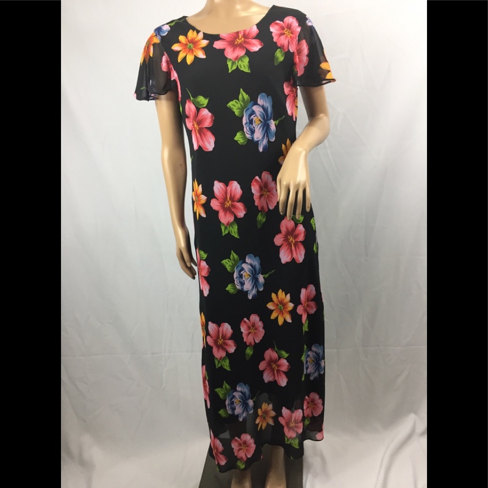 Mary McFadden floral fitted maxi dress black pink
